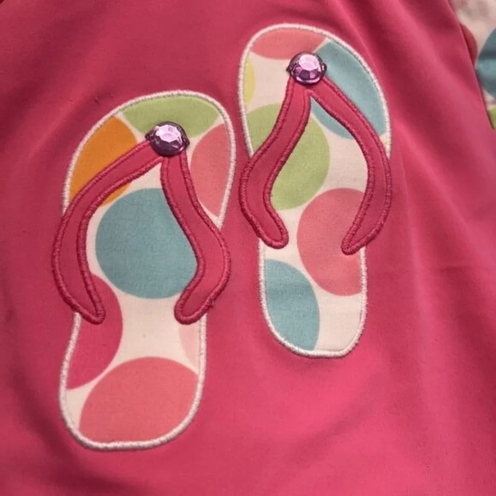 Gymboree Rash Guard Girls 9 Pink Excellent Polka Dot Flip Flop Applique Shirt‎